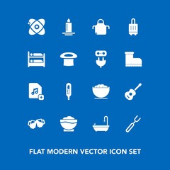 Modern, simple vector icon set on blue background with toilet, bag, bar, musical, decoration, dish, travel, add, coffee, restaurant, star, airport, cook, pinafore, pub, luggage, space, apron icons