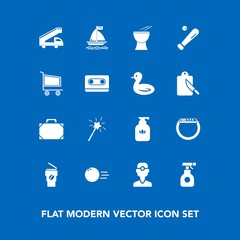 Modern, simple vector icon set on blue background with ball, wand, fun, spray, league, magic, drink, soap, clinic, pin, smart, liquid, leather, dentistry, chemical, percussion, bottle, hygiene icons