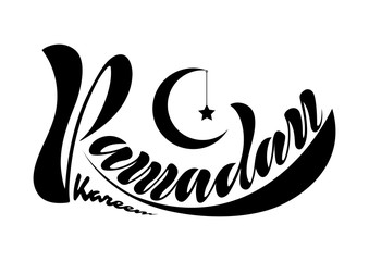 Vector illustration of handwritten text, inscription Ramadan Kareem banner, postcard with Islamic geometric patterns, moon, star, lantern frame.