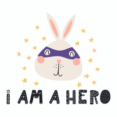 Hand drawn vector illustration of a cute funny bunny in a mask, with lettering quote I am a hero. Isolated objects. Scandinavian style flat design. Concept for children print.