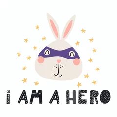 Zelfklevend Fotobehang Hand drawn vector illustration of a cute funny bunny in a mask, with lettering quote I am a hero. Isolated objects. Scandinavian style flat design. Concept for children print. © Maria Skrigan