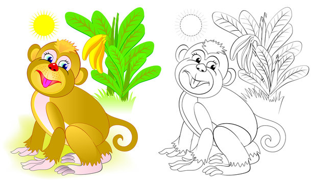 Colorful and black and white pattern for coloring. Illustration of cute monkey. Worksheet for children and adults. Vector image.