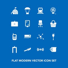 Modern, simple vector icon set on blue background with technology, medical, train, equipment, fan, restaurant, fashion, tie, health, bucket, mobile, telephone, dinner, house, chemistry, sign icons