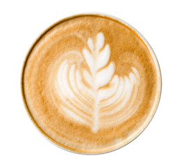 Top view hot coffee cappuccino latte art isolated on white background, clipping path included