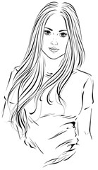 Graphic image of a young fashionable woman with long beautiful hair in a t-shirt. Vector illustration