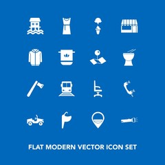 Modern, simple vector icon set on blue background with jacket, train, store, ice, interior, sink, lamp, female, dress, fashion, business, call, home, tap, location, armchair, construction, job icons