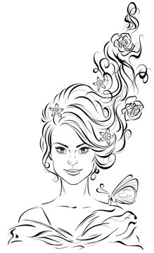 Graphic portrait of a young beautiful woman with long curly hair and a butterfly on her shoulder. Vector illustration