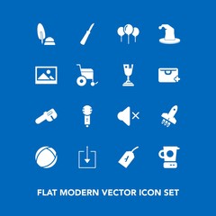 Modern, simple vector icon set on blue background with first, flight, frame, old, hat, celebration, birthday, song, circus, sound, volume, launch, calligraphy, tag, mute, decoration, food, voice icons