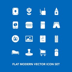 Modern, simple vector icon set on blue background with business, cardiology, sofa, mark, pepper, salt, food, seasoning, screen, old, cart, desk, spice, spring, background, trolley, table, room icons
