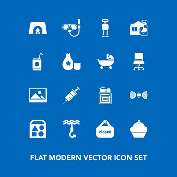 Modern, simple vector icon set on blue background with store, dessert, fireplace, old, oven, shop, home, medical, hook, cooking, fashion, snorkel, ball, fire, toy, doughnut, christmas, mask, art icons