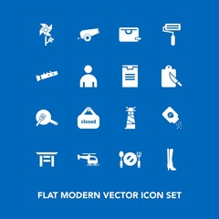Modern, simple vector icon set on blue background with sign, travel, lighthouse, cooking, weapon, fork, spring, business, sale, bottle, japanese, flight, shrine, health, paint, blossom, banner,  icons