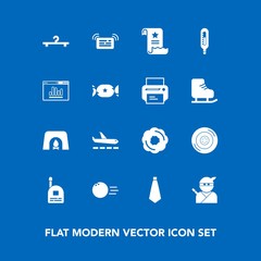 Modern, simple vector icon set on blue background with ninja, paper, temperature, samurai, home, office, weapon, christmas, tie, fun, ball, document, japanese, fire, food, airport, doughnut, car icons