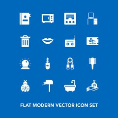 Modern, simple vector icon set on blue background with finance, desk, box, microwave, fashion, presentation, person, business, sack, lady, antenna, bathroom, comb, communication, oven, black icons