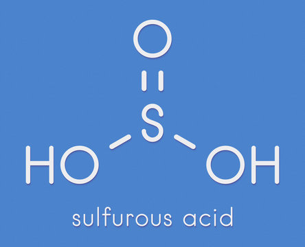 Sulfurous acid (H2SO3) molecule. Conjugate bases are bisulfite and sulfite. Skeletal formula.