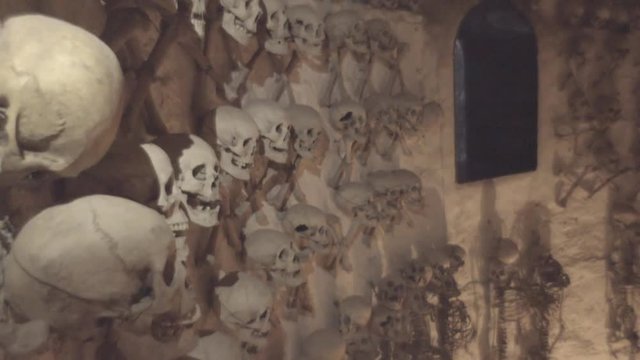 Human bones in the crypt of the church, Lampa, Peru. 4k