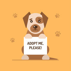 A sad dog holding up a sing 