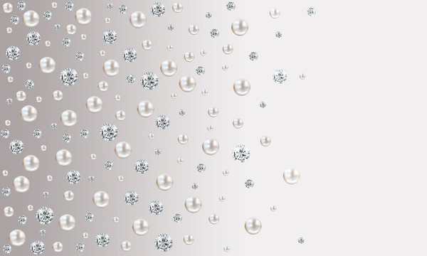 Many small and big white pearls on grey gradient satin background