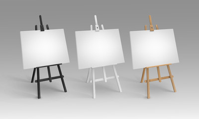 Vector Set of White Black Brown Sienna Wooden Easels in Perspective with Mock Up Empty Blank Canvases Isolated on Background