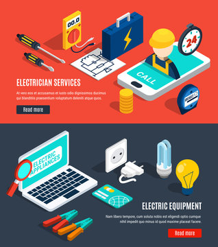 Electricity Isometric Banner Set