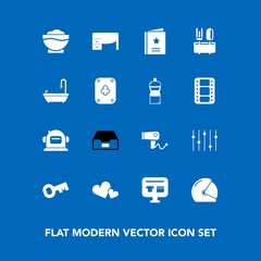 Modern, simple vector icon set on blue background with desk, table, data, key, bathroom, cart, biker, favorite, game, rider, care, science, business, space, sale, dinner, chef, file, restaurant icons