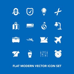 Modern, simple vector icon set on blue background with extreme, space, pin, clock, fashion, aircraft, tower, garden, work, cut, cup, jump, pruning, clothes, parachute, departure, shirt, security icons