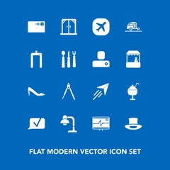 Modern, simple vector icon set on blue background with scan, fly, journey, trailer, vacation, plane, shoe, divider, house, health, female, mail, interior, food, home, engineering, internet, xray icons