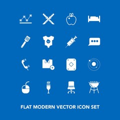 Modern, simple vector icon set on blue background with armchair, samurai, galaxy, call, drink, stats, technology, japanese, wine, poker, internet, apple, chair, sword, alcohol, meat, graph, data icons