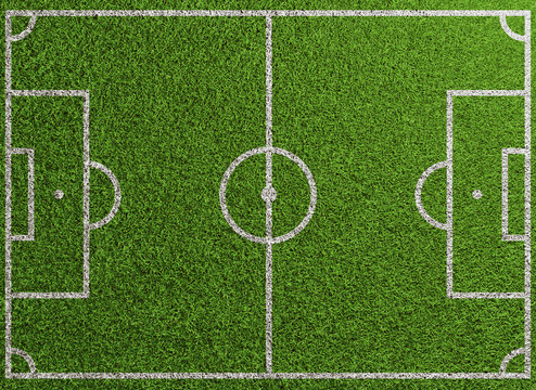 Fußballfeld von oben mit Linien auf Rasen