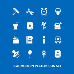 Modern, simple vector icon set on blue background with winner, telephone, child, achievement, time, cut, job, location, award, watch, infant, music, decoration, baby, birdhouse, birthday, paint icons