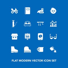 Modern, simple vector icon set on blue background with sign, fashion, musical, house, liquid, transparent, book, equipment, chart, child, business, eye, extreme, cute, annual, sad, pump, dirt icons