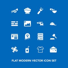 Modern, simple vector icon set on blue background with wine, architecture, mail, clothing, communication, ufo, liquid, orbit, knife, monster, template, cold, drink, clothes, alien, child, sound icons