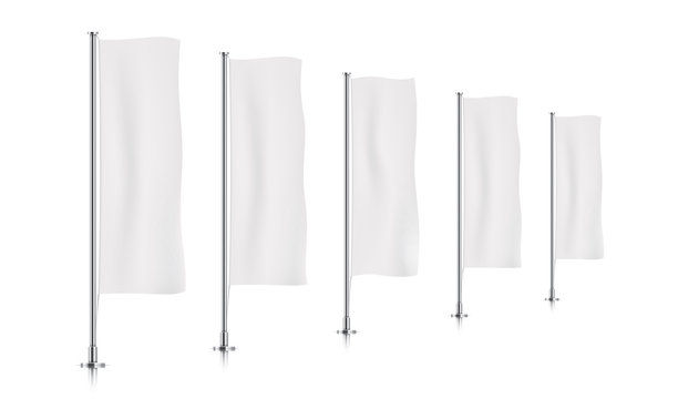 Five White Vertical Banner Flags, Standing In A Perspective Row. Banner Flag Templates Isolated On Background. Vertical Flags Realistic Mockup.