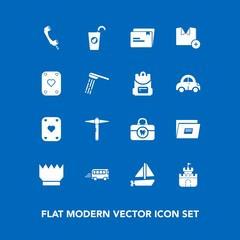 Modern, simple vector icon set on blue background with paper, water, transportation, bus, healthy, juice, t-shirt, sand, hygiene, poker, background, health, queen, play, document, drink, fashion icons