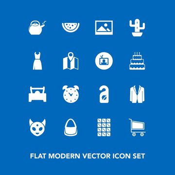 Modern, simple vector icon set on blue background with kettle, dessert, trolley, female, ufo, green, plant, market, label, vehicle, cart, nature, location, alarm, bag, bar, fashion, cactus, suit icons