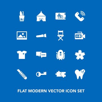 Modern, simple vector icon set on blue background with hygiene, bubble, white, sign, health, light, clothing, toothbrush, blossom, ufo, discount, call, monster, puzzle, alien, talk, shirt, art icons