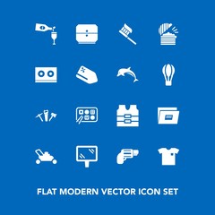 Modern, simple vector icon set on blue background with firearm, music, drawer, shirt, vest, weapon, sign, restaurant, gardening, banner, wine, new, red, clothing, paper, handgun, health, casette icons