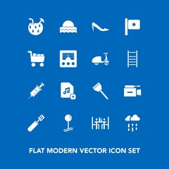 Modern, simple vector icon set on blue background with flag, cooking, dentistry, camera, add, dentist, cocktail, food, clinic, medical, file, rainy, nature, nation, pin, shoe, sun, america, pan icons