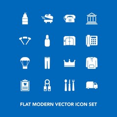 Modern, simple vector icon set on blue background with jacket, heater, clothes, ball, air, boiler, patient, communication, dentist, training, presentation, crown, king, sky, money, dentistry icons