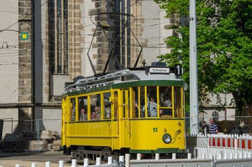 Fototapeta premium Old yellow tram in Gorlitz, Germany