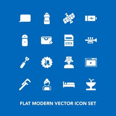 Modern, simple vector icon set on blue background with online, internet, power, architecture, station, technology, full, energy, delivery, hotel, cargo, love, warehouse, bed, repair, water, art icons