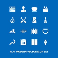 Modern, simple vector icon set on blue background with travel, food, home, white, delete, gadget, fence, wall, time, decoration, bowl, dessert, user, sickle, avatar, schedule, account, bag, news icons