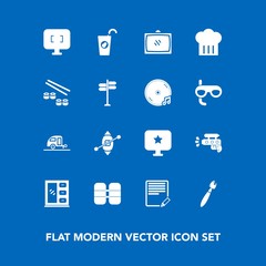 Modern, simple vector icon set on blue background with pistol, room, cylinder, oxygen, travel, furniture, water, technology, journey, screen, trailer, tv, write, play, interior, home, gun, fruit icons