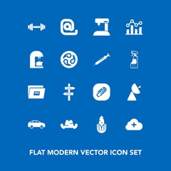 Modern, simple vector icon set on blue background with fresh, antenna, healthy, business, chart, way, food, machine, direction, hat, clothing, document, cloud, equipment, radio, finance, graph icons