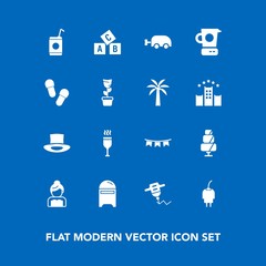 Modern, simple vector icon set on blue background with mailbox, bride, technology, liquid, groom, celebration, glass, post, love, drill, doughnut, wedding, dessert, flag, equipment, education icons