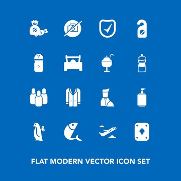 Modern, simple vector icon set on blue background with check, cone, sweet, picture, seafood, white, hotel, plane, flight, fish, penguin, airplane, ball, candy, jacket, sea, bowling, label, baby icons