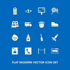Modern, simple vector icon set on blue background with menu, rocket, launch, baby, milk, ambulance, toothbrush, asian, tooth, sea, brush, banner, hammer, phone, childhood, child, internet, cute icons