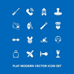 Modern, simple vector icon set on blue background with sign, modern, equipment, , tower, life, buoy, place, sale, mark, button, audio, first, call, stamp, kayak, sound, spaceship, award, gym icons