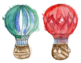 Rolgordijnen Aquarel luchtballonnen Rode en turquoise luchtballonnen. Aquarel instellen.