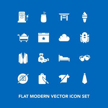 Modern, simple vector icon set on blue background with picture, service, beer, clothing, pub, shrine, restaurant, ice, fuel, fashion, alcohol, shirt, candy, cream, musical, no, travel, bedroom icons