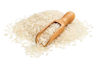 Wooden scoop and heap of long parboiled rice isolated on white background. Copy space. High resolution product. Healthy food concept
